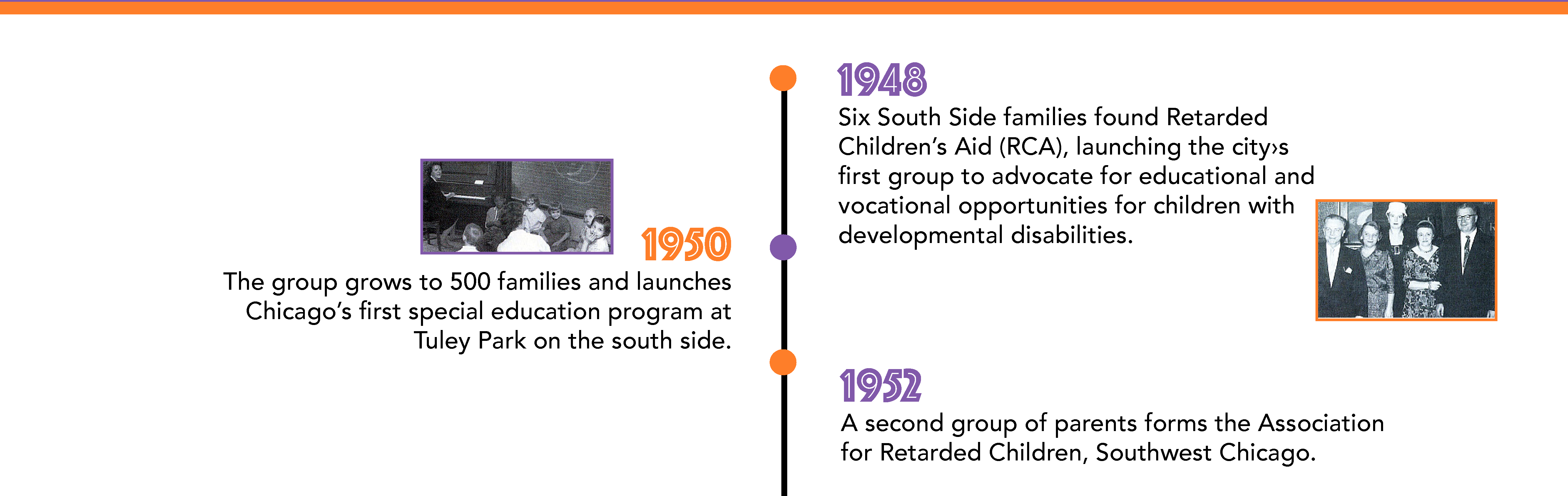 In 1948, six South Side families found Retarded Children’s Aid (RCA), launching the city›s first group to advocate for educational and vocational opportunities for children with developmental disabilities. By 1950, the group grows to 500 families and launches Chicago’s first special education program at Tuley Park on the South Side. In 1952, a second group of parents forms the Association for Retarded Children, Southwest Chicago.