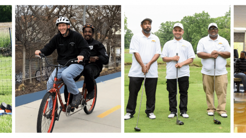 Envision members participating in various activities, yoga, biking, golfing, and bowling. 
