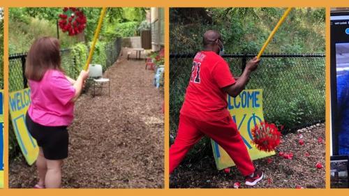 Members hitting the pinata and chatting via zoom 