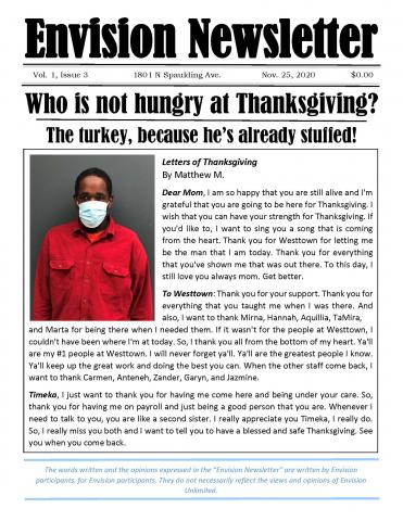 Envision Newsletter, Thanksgiving edition
