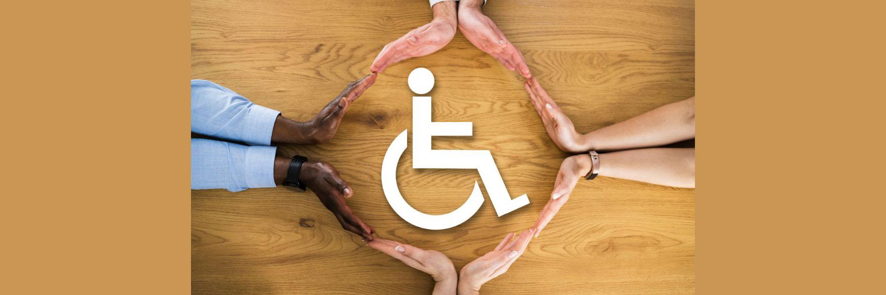 Accessibility symbol surrounded by racially diverse hands