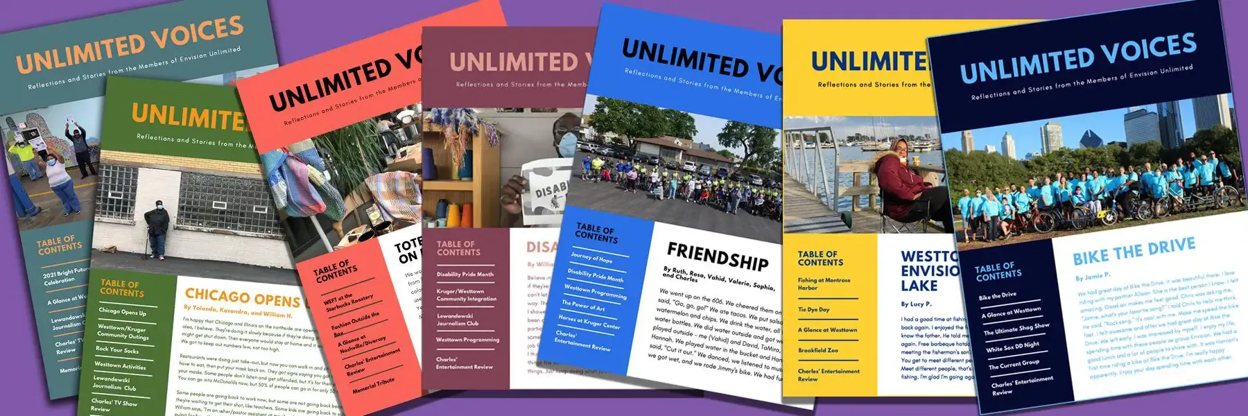Collage of various editions of 'UNLIMITED VOICES' magazines with colorful covers and different thematic images