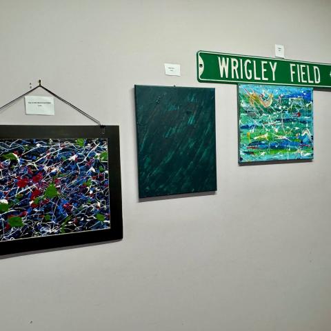A group of paintings on a wall.