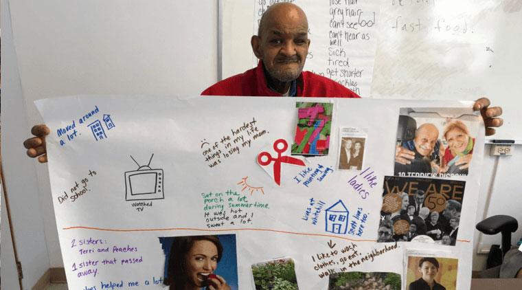 Engaging with Aging older male participant holding up his 'life-line' poster