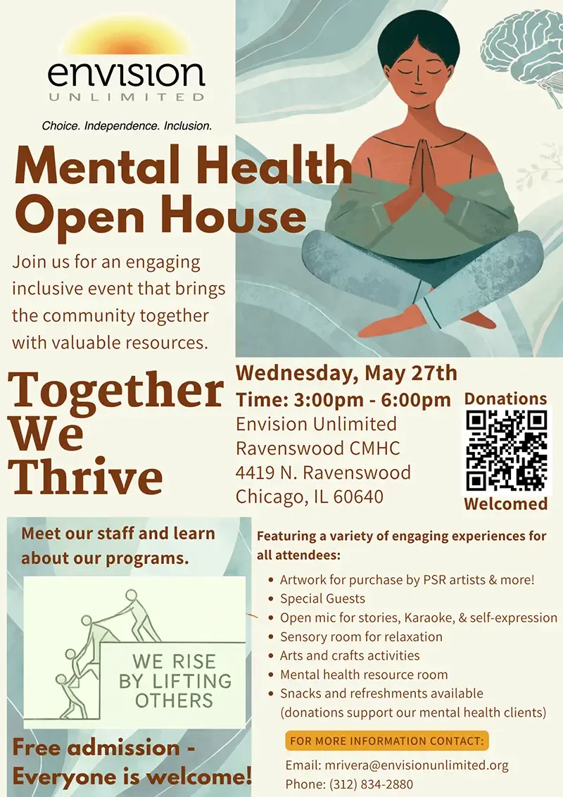 Envision Unlimited Mental Health Open House event flyer featuring illustration of person meditating, scheduled May 27th 3-6pm at Ravenswood CMHC in Chicago